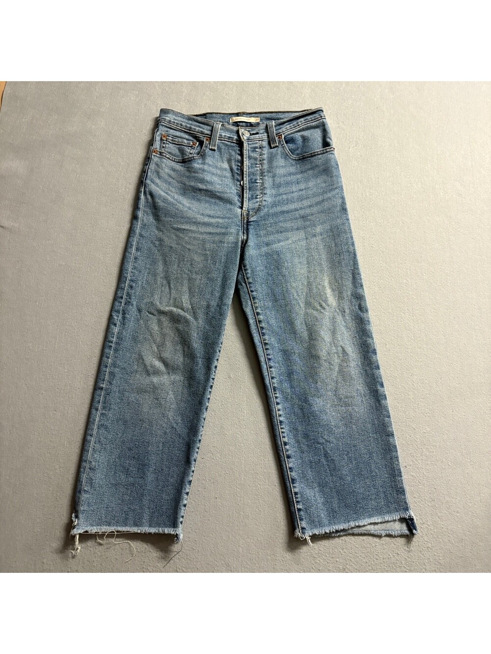 Levi's Ribcage Straight Jeans Womens 27 Blue High Rise Raw Hem Denim Crop